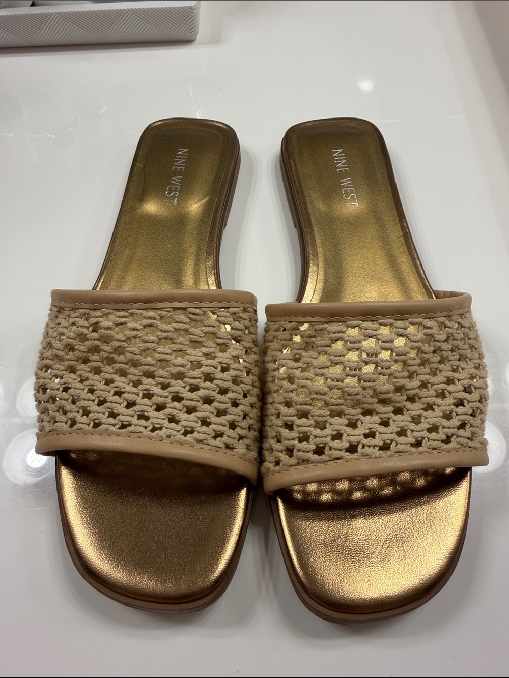 Nine West Beige Woven Slide Mules with Gold Footbed